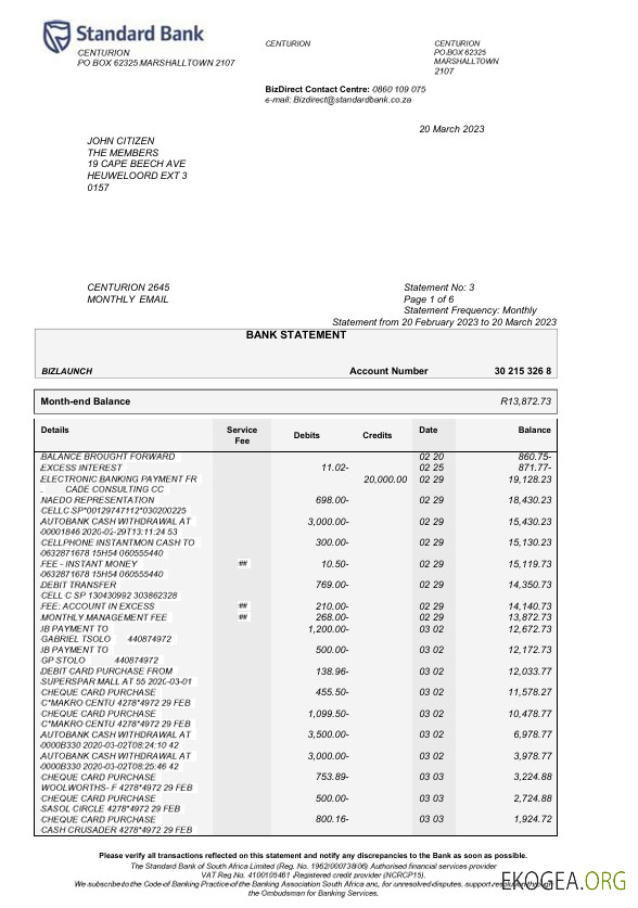 Modèle Word et PDF de relevé bancaire standard des États Unis, 6 pages